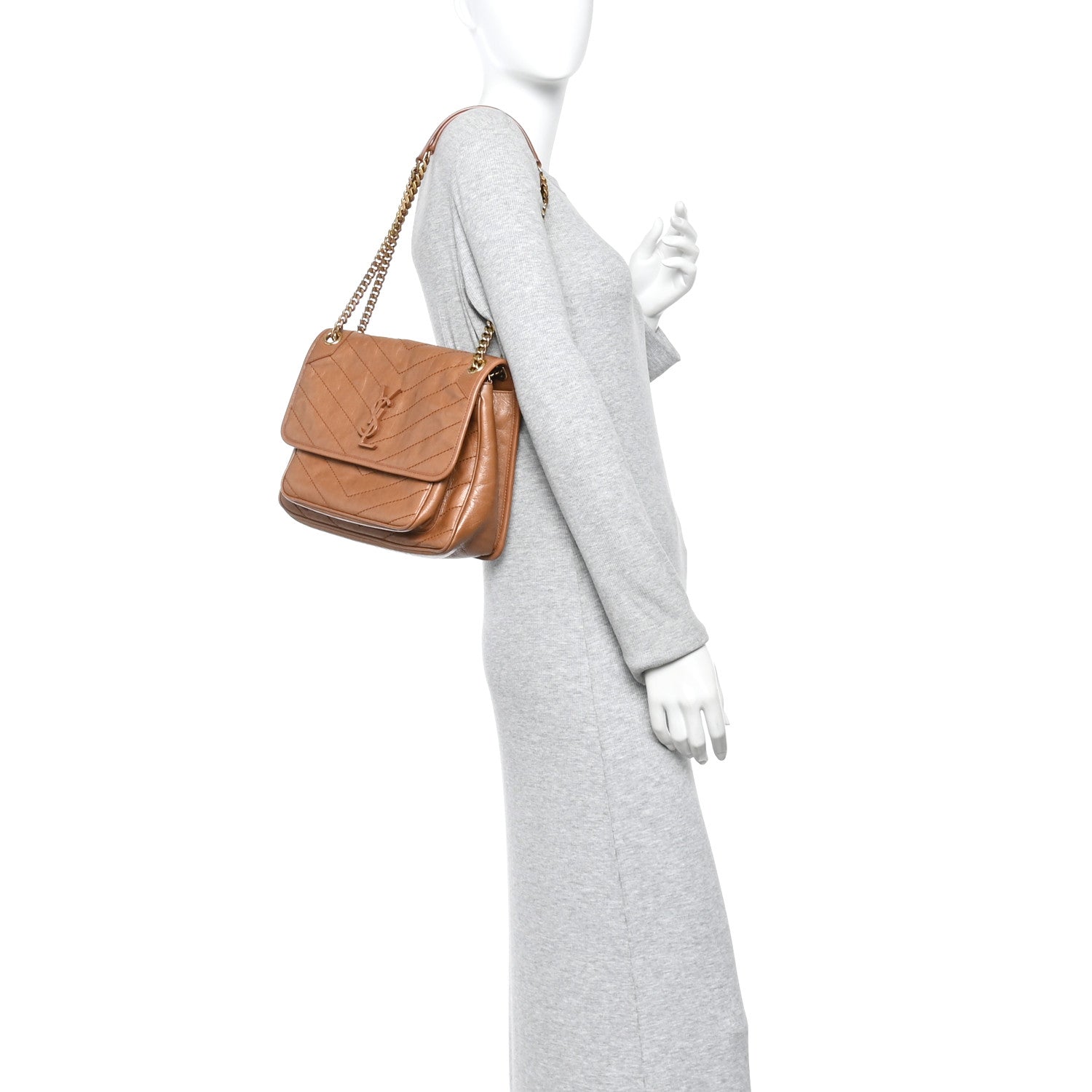 Saint Laurent Crinkled Calfskin Matelasse Monogram Medium Niki Chain Satchel Caramel 2 of 10