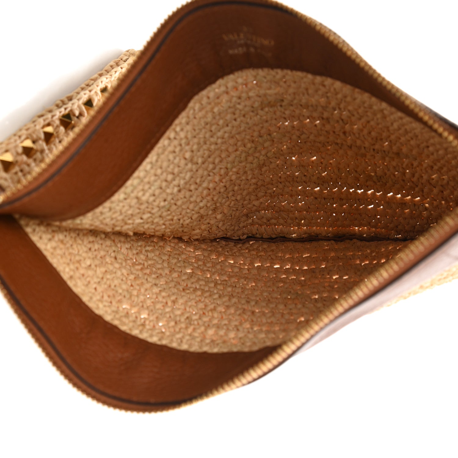 Valentino Garavani Raffia Calfskin Large Rockstud Zip Pouch Naturale Saddle Brown 5 of 6
