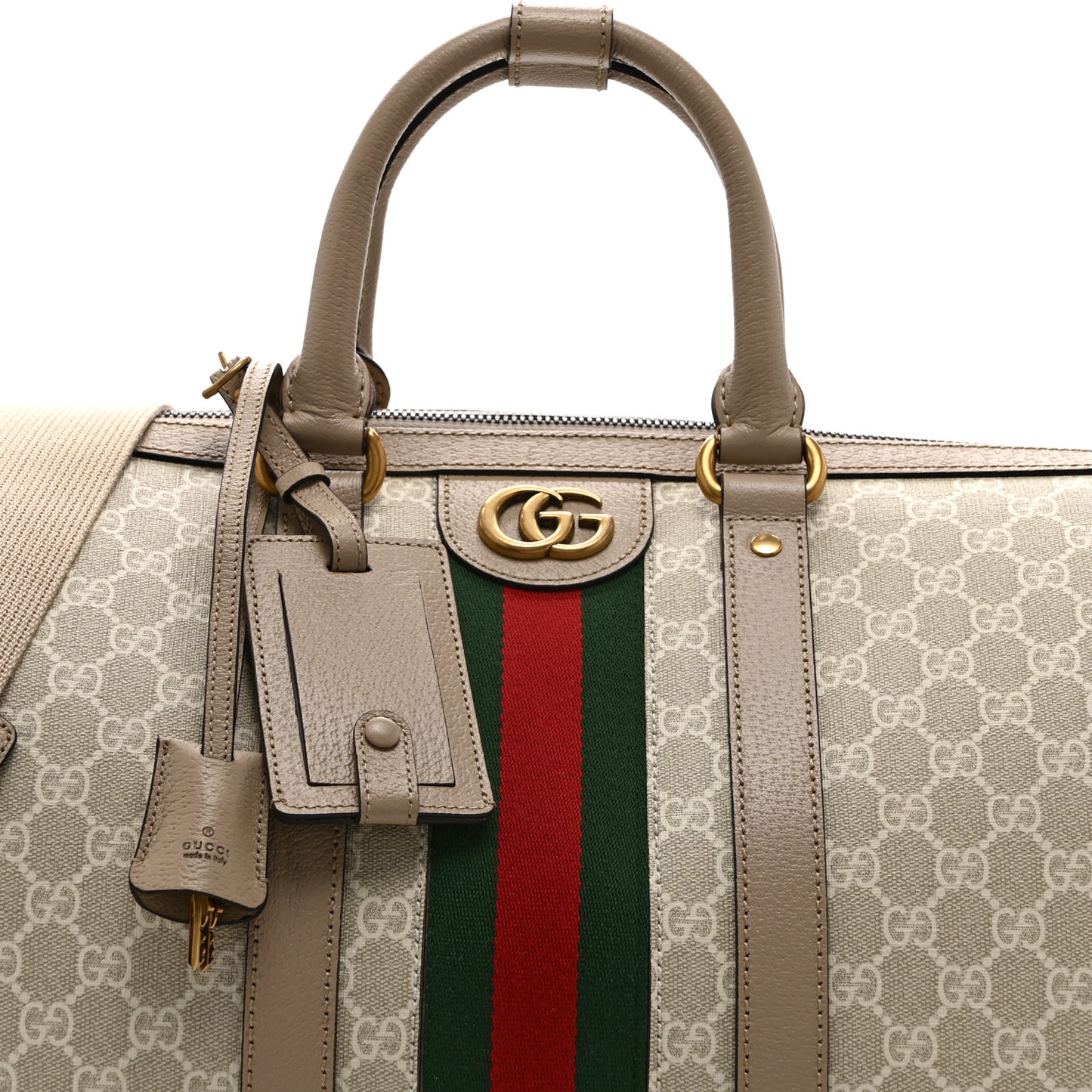 GG Supreme Monogram Textured Dollar Calfskin Web Medium Savoy Duffle Bag Beige Mystic White Oatmeal