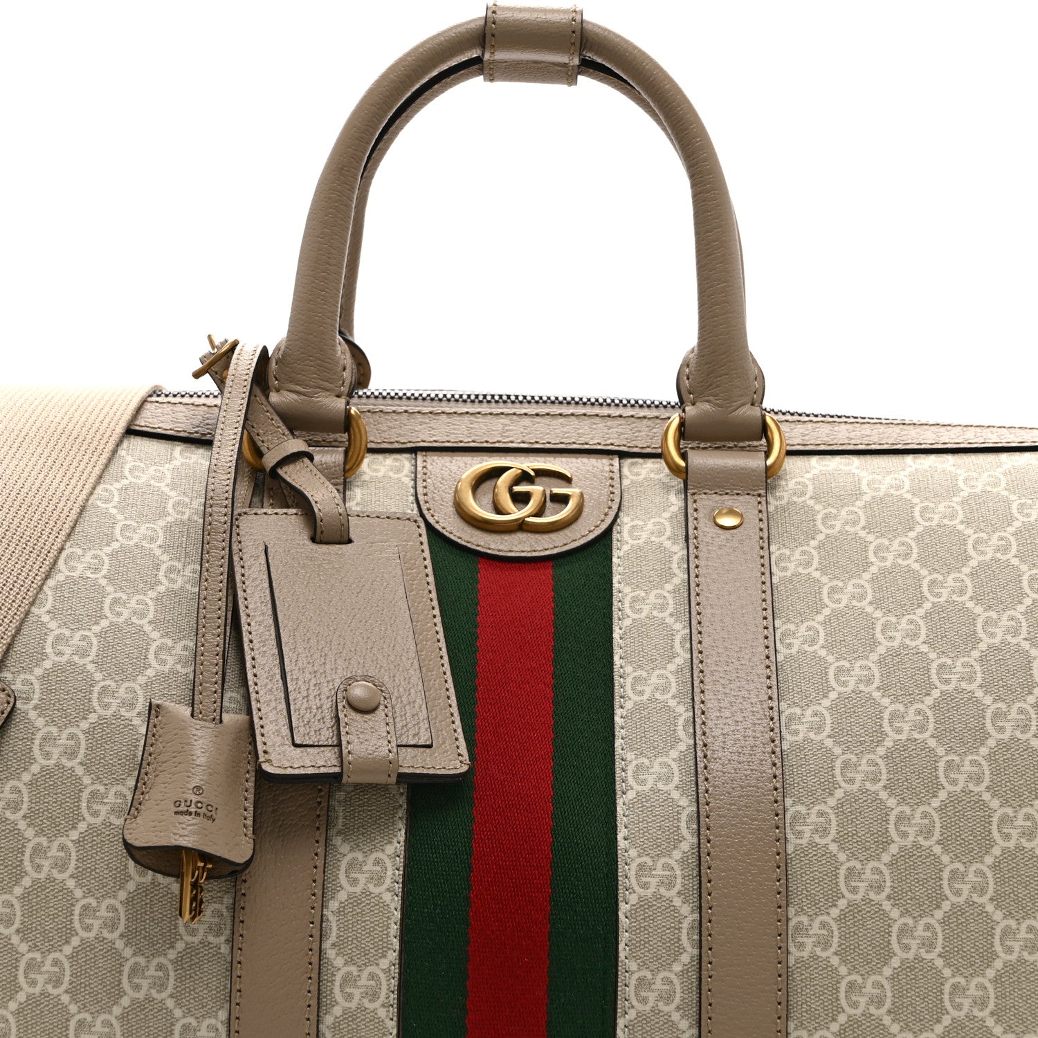 Gucci GG Supreme Monogram Textured Dollar Calfskin Web Medium Savoy Duffle Bag Beige Mystic White Oatmeal 8 of 10