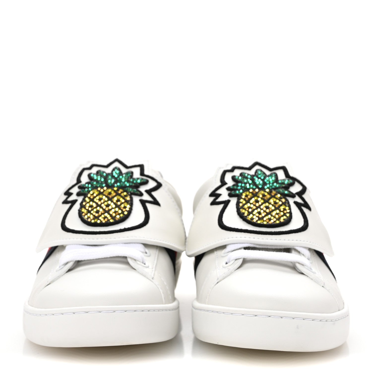 Gucci Calfskin Ayers Crystal Web Pineapple Embroidered Womens New Ace Sneakers 35.5 White 3 of 10