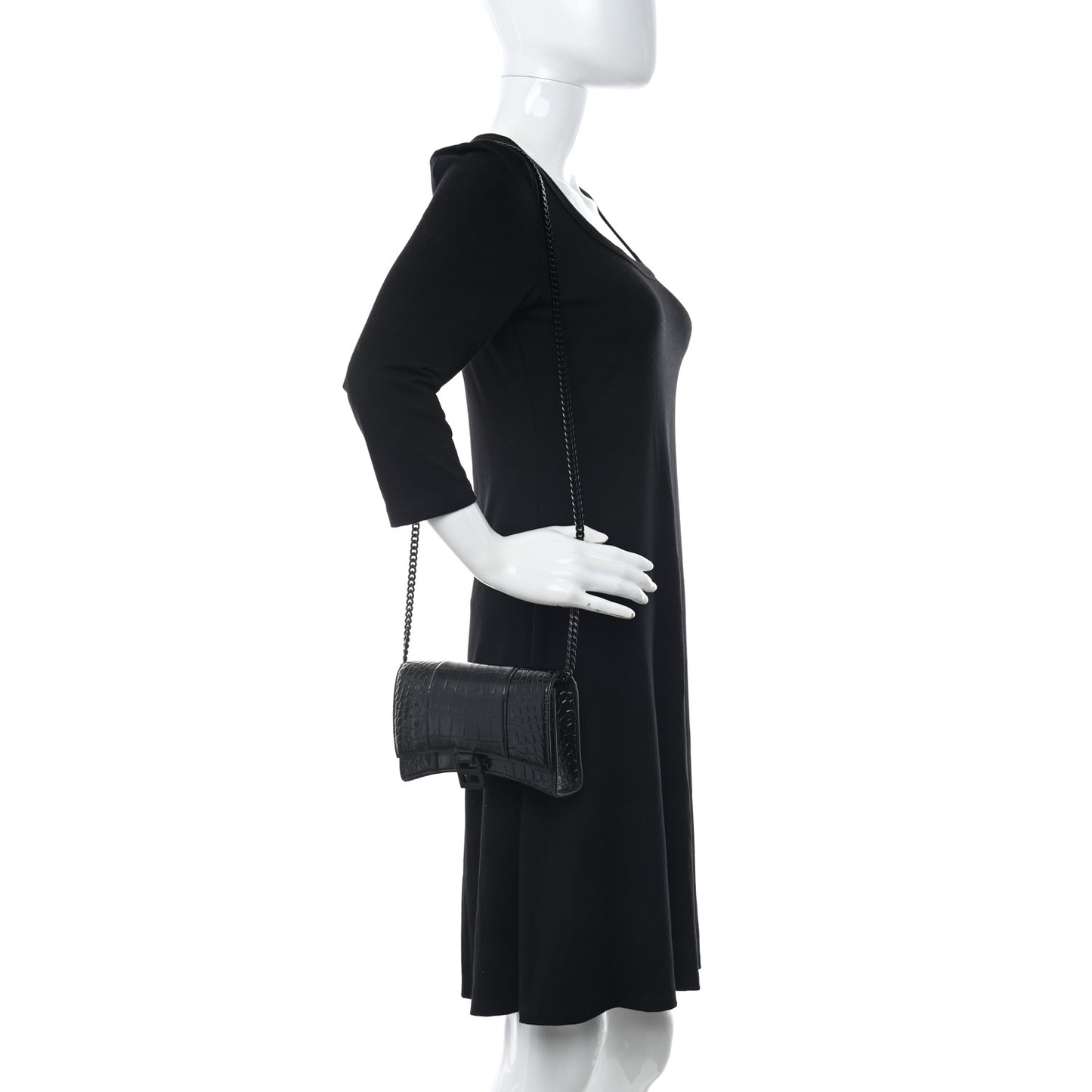 Shiny Calfskin Monochrome Crocodile Embossed Hourglass Chain Bag Black