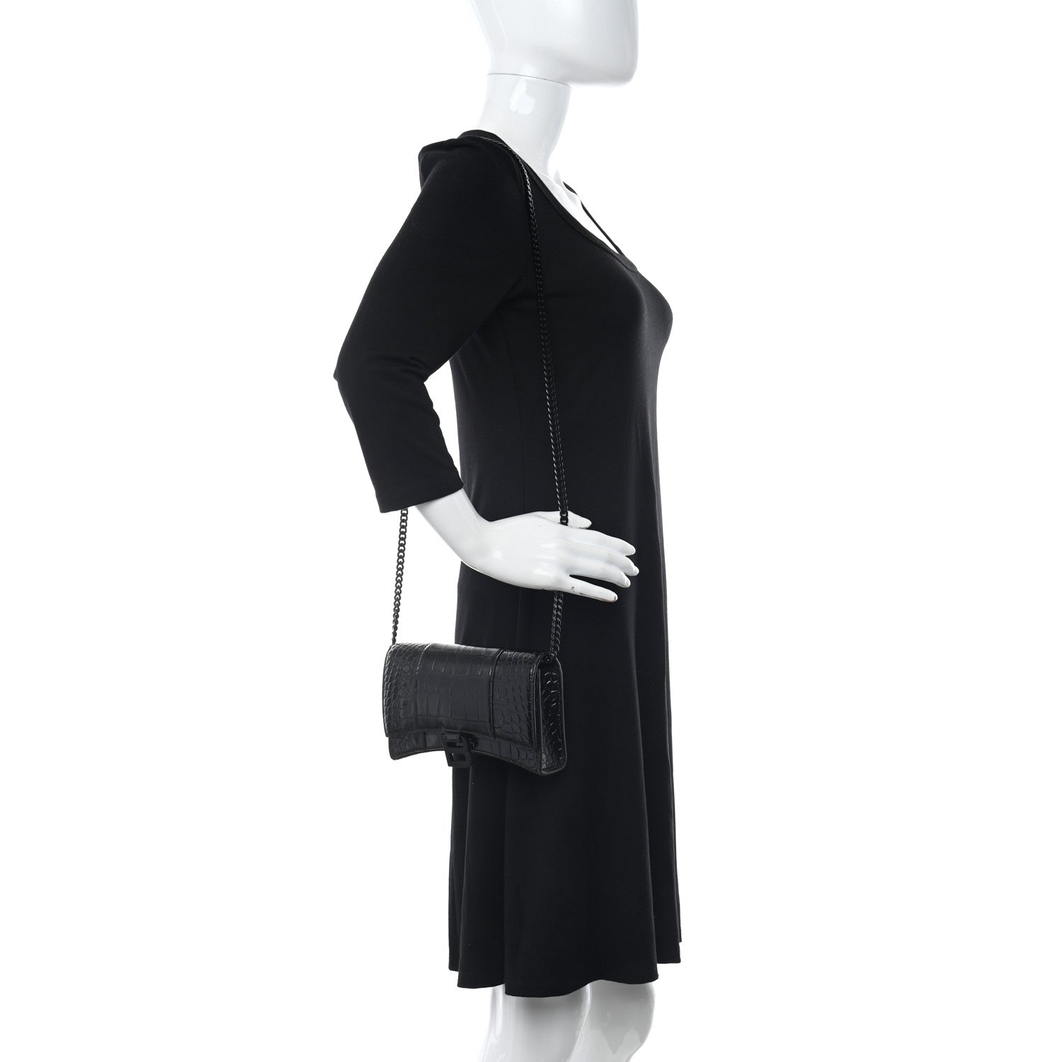Balenciaga Shiny Calfskin Monochrome Crocodile Embossed Hourglass Chain Bag Black 2 of 9