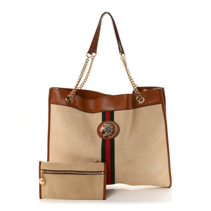 Gucci Vintage Canvas Calfskin Web Large Rajah Chain Tote Sand Light Cuir 3 of 12