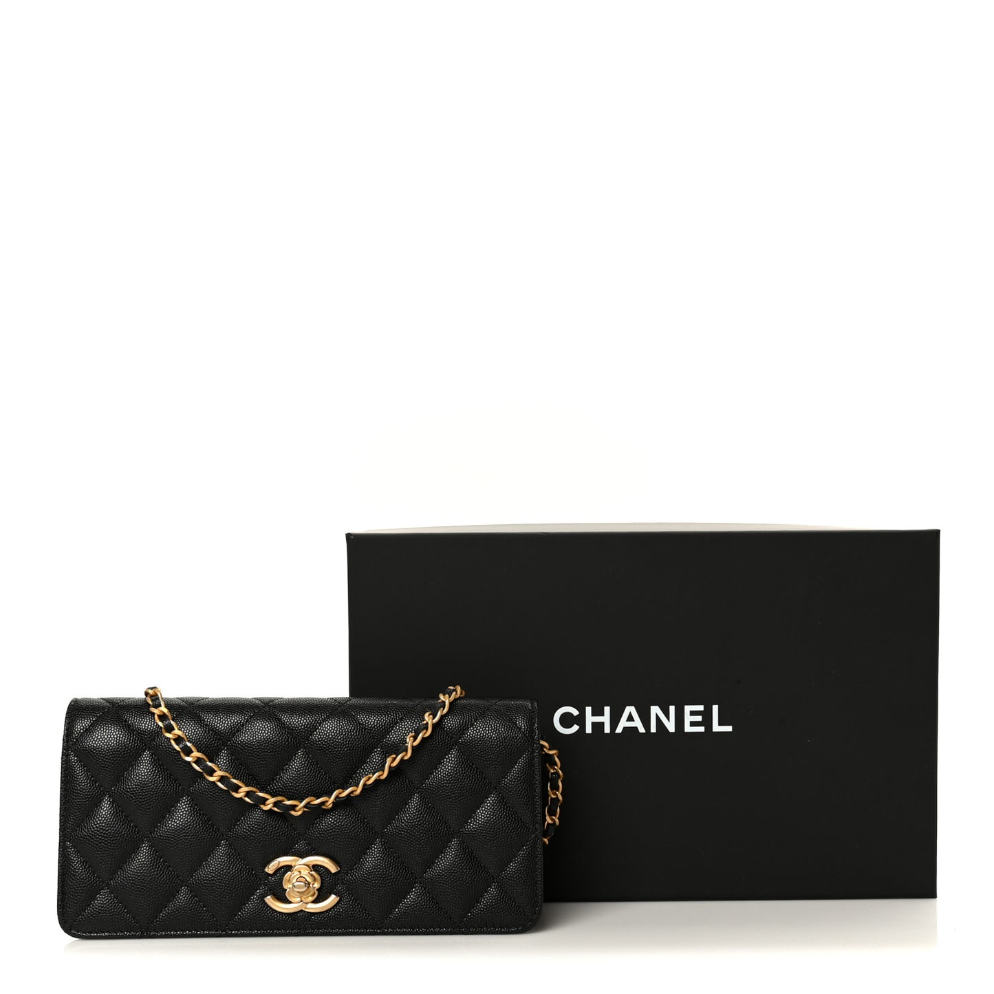 Caviar Quilted Camellia Clutch With Chain Black
