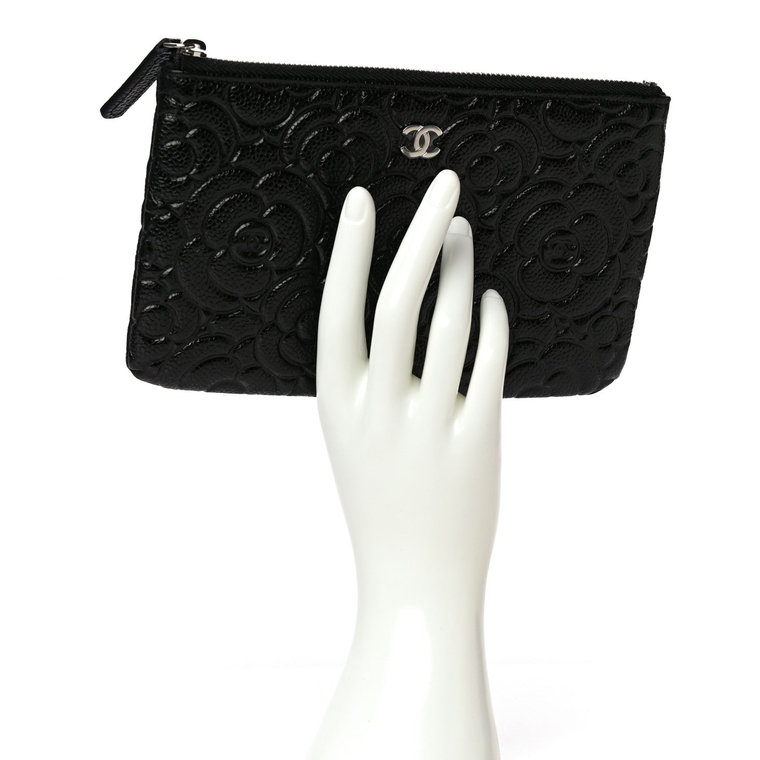 Chanel Caviar Camellia Embossed Cosmetic Pouch Black 2 of 8