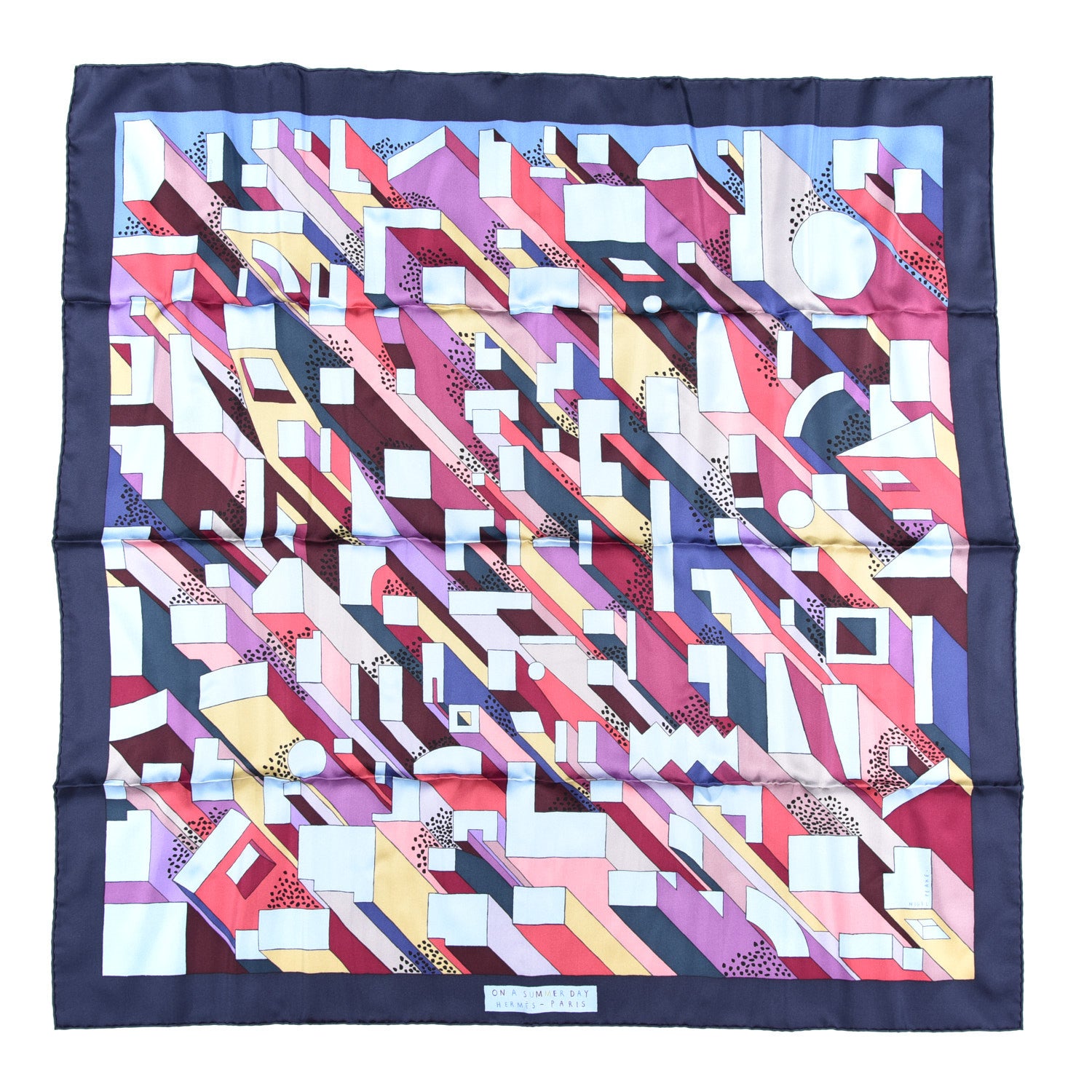 Hermes Silk On A Summer Day Scarf 90 Marine Bleu Ciel Prune 1 of 5