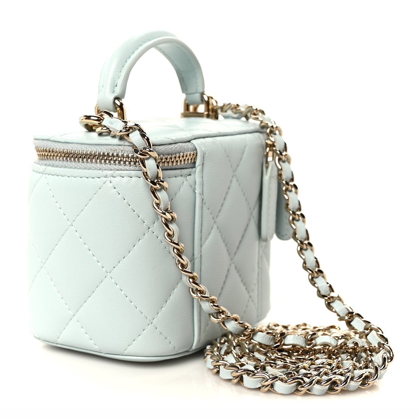 Lambskin Quilted Top Handle Mini Vanity Case With Chain Light Blue