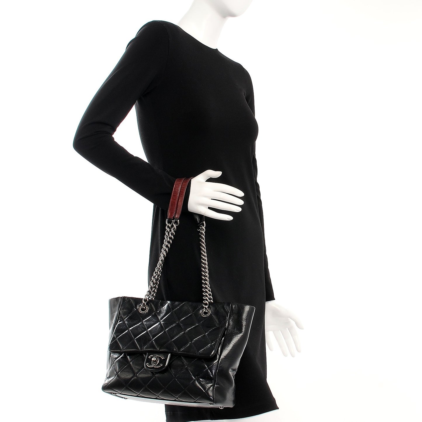 Glazed Calfskin Quilted Small Duo Color Tote Black