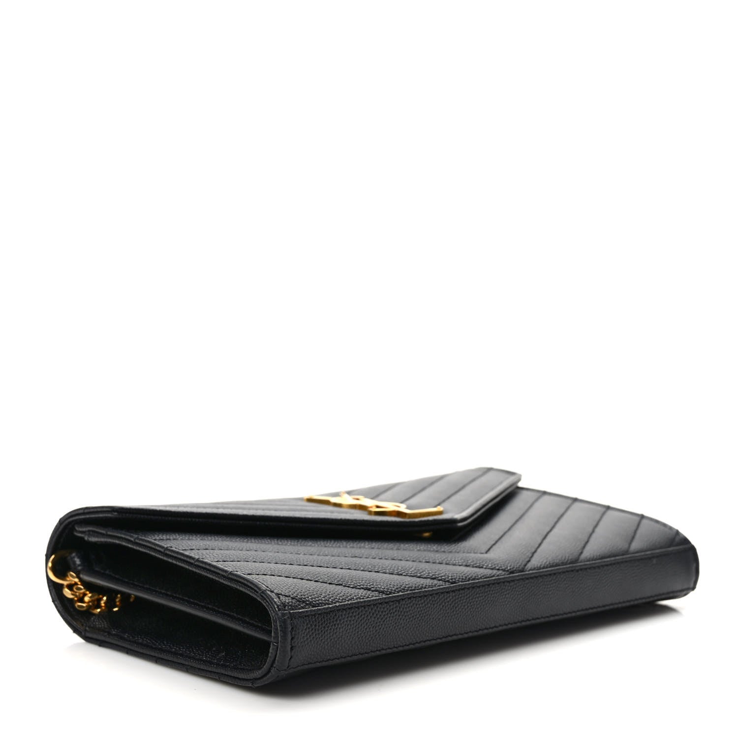 Saint Laurent Grain De Poudre Matelasse Chevron Monogram Chain Wallet Black 4 of 9