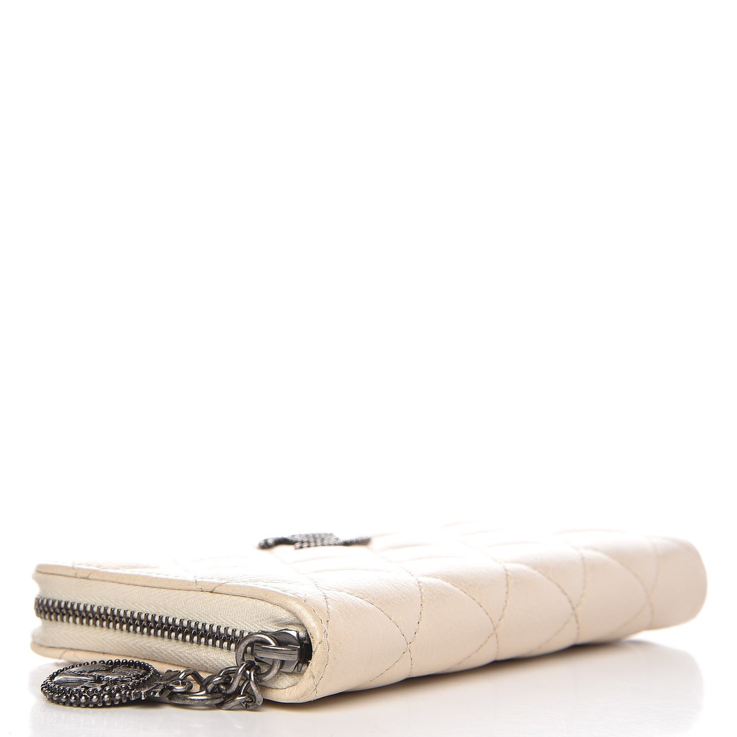 Metallic Calfskin Quilted Small CC Zip Around Wallet Pearl