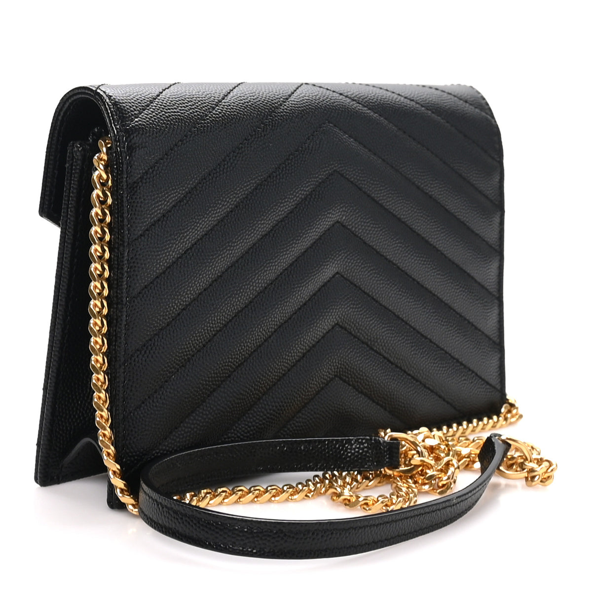 Grain De Poudre Matelasse Chevron Monogram Envelope Chain Wallet Black
