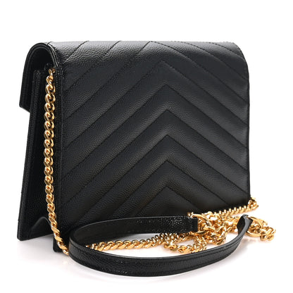 Saint Laurent Grain De Poudre Matelasse Chevron Monogram Envelope Chain Wallet Black 3 of 10