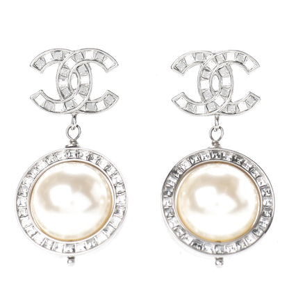 Chanel Baguette Crystal CC Pearl Drop Art Decoco Earrings Silver 1 of 5