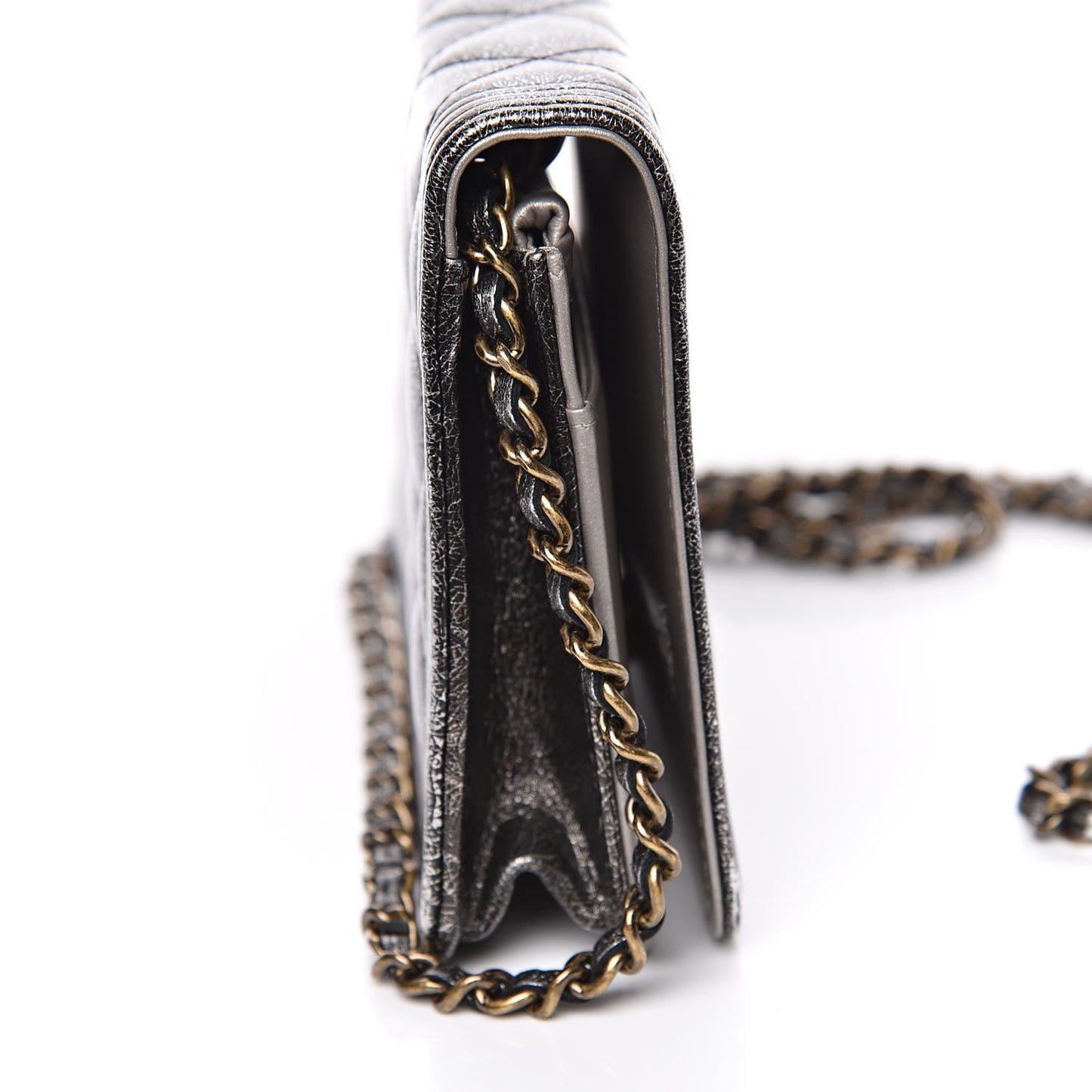 Cracked Metallic Calfskin Quilted Boy Wallet On Chain WOC Dark Silver