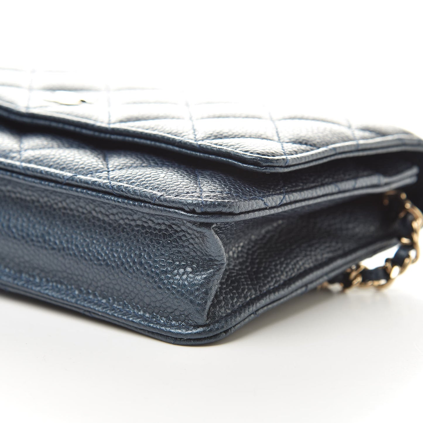 Iridescent Caviar Quilted Wallet On Chain WOC Dark Blue