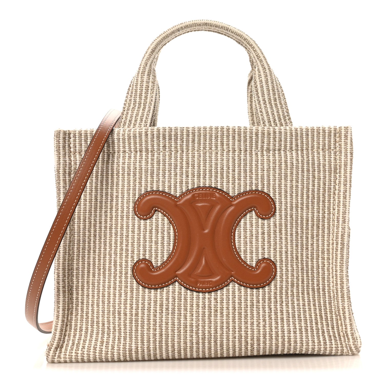 Celine Canvas Calfskin Striped Triomphe Small Cabas Beige 1 of 9