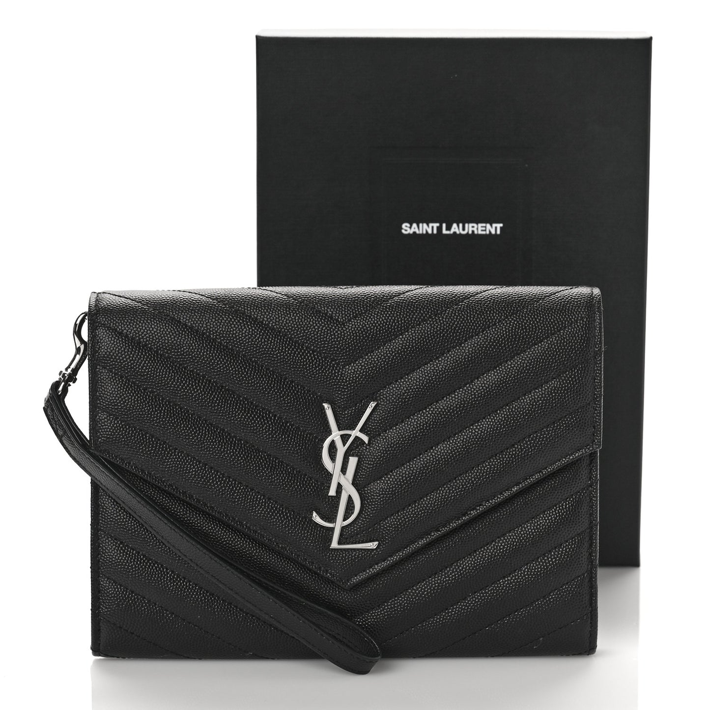 Grain De Poudre Matelasse Chevron Monogram Envelope Clutch Black