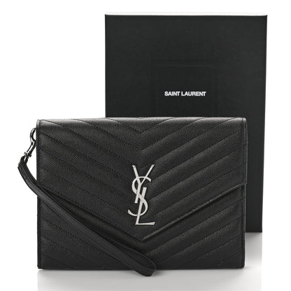 Saint Laurent Grain De Poudre Matelasse Chevron Monogram Envelope Clutch Black 9 of 9
