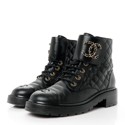 Chanel Shiny Lambskin Quilted Lace Up Combat Boots 39.5 Black 3 of 11