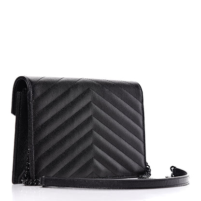 Saint Laurent Grain De Poudre Matelasse Chevron Monogram Envelope Chain Wallet Black 3 of 10