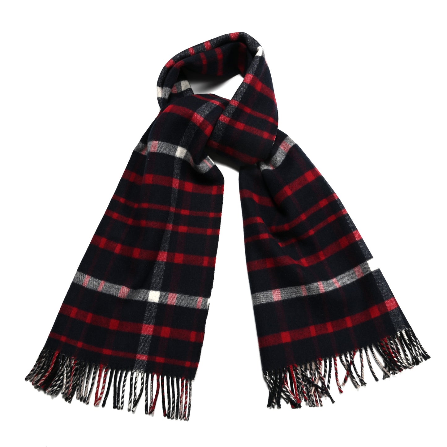 Wool Cashmere Giant Check Fringe Scarf Beige Navy