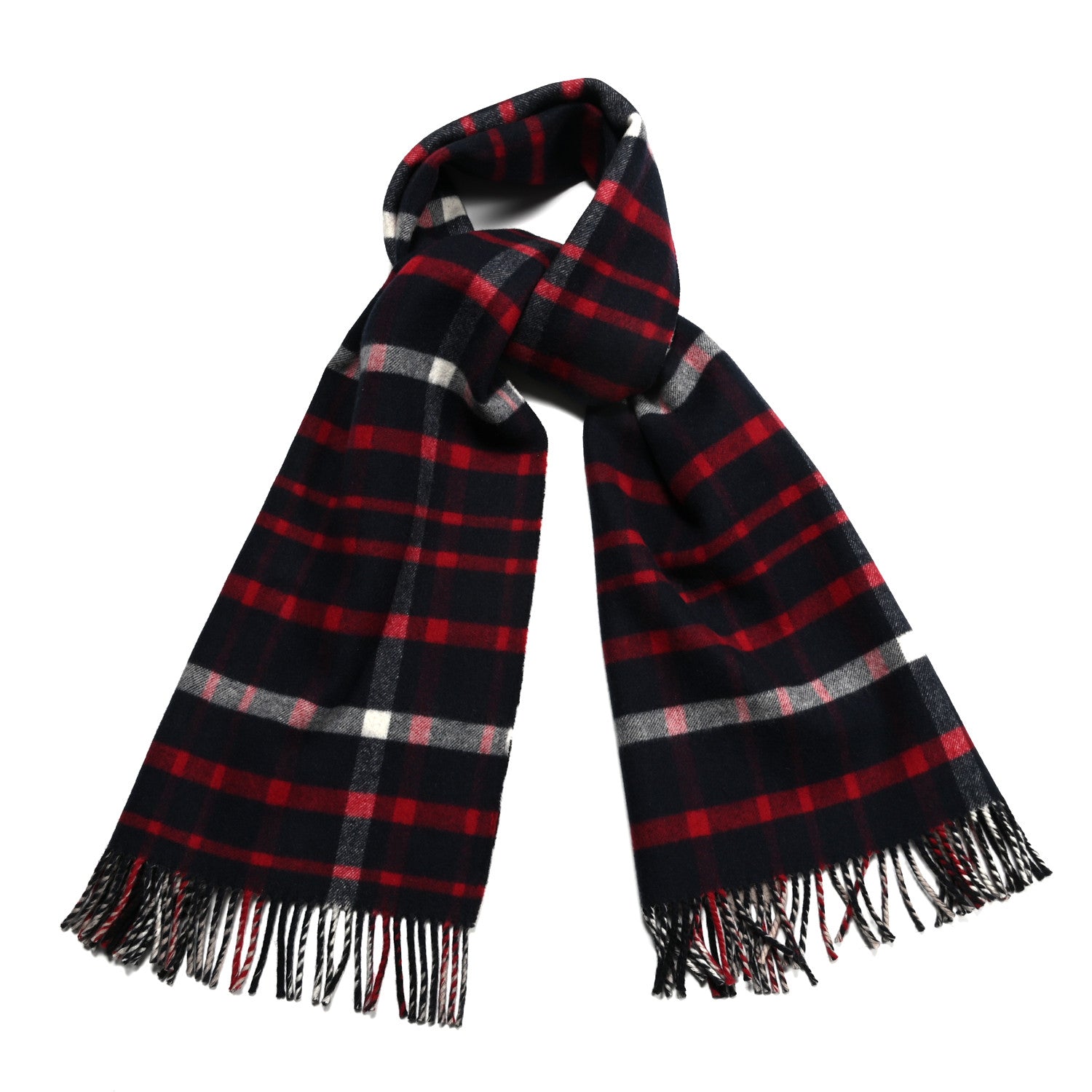 Burberry Wool Cashmere Giant Check Fringe Scarf Beige Navy 1 of 4