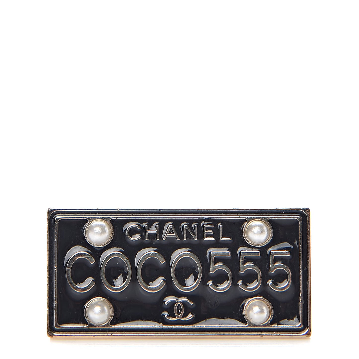 Metal Resin Pearl Coco License Plate Brooch Black Gold