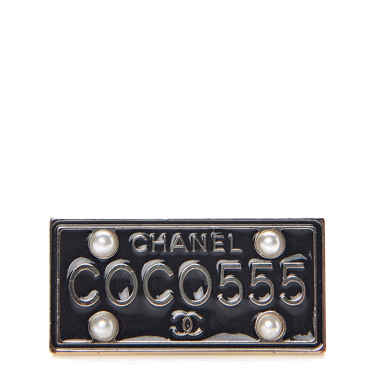 Chanel Metal Resin Pearl Coco License Plate Brooch Black Gold 1 of 5