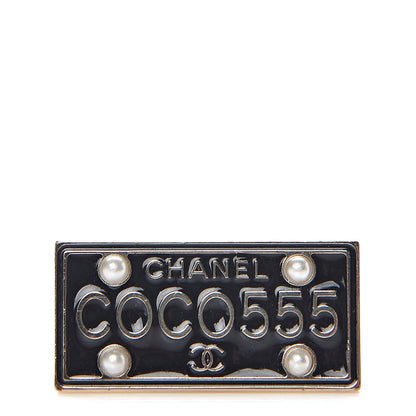 Chanel Metal Resin Pearl Coco License Plate Brooch Black Gold 1 of 5
