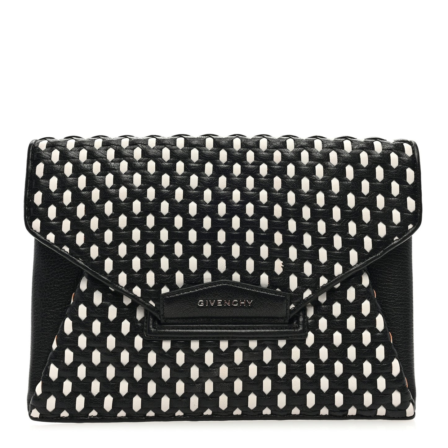 Woven Sugar Goatskin Medium Antigona Envelope Clutch Black White