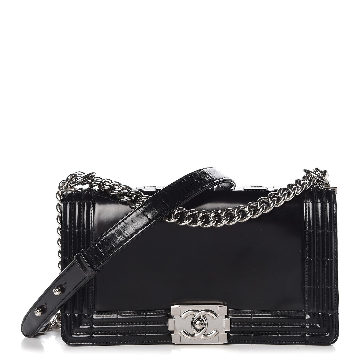 Glazed Calfskin Medium Boy Flap Black