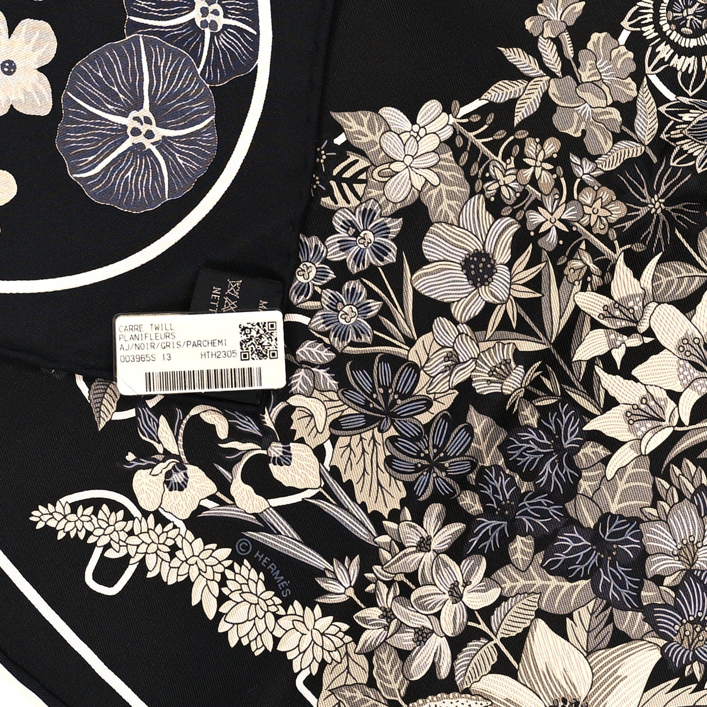 Silk Planifleurs Scarf 90 Black Gris Parchemin
