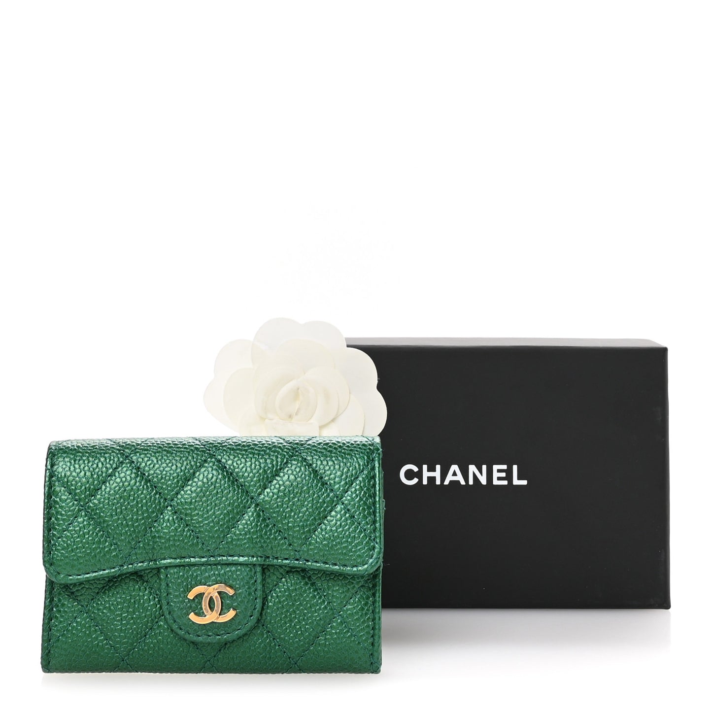 Metallic Caviar Quilted Flap Card Holder Wallet Green