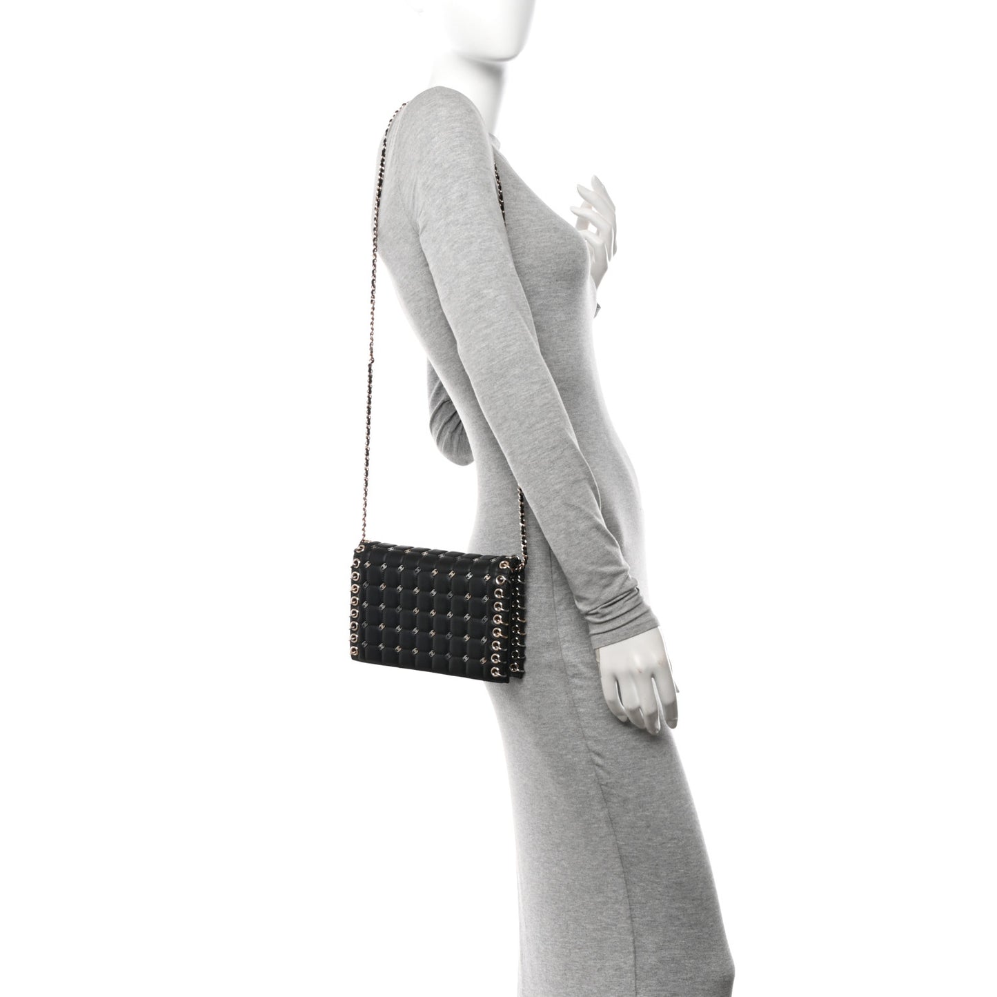 Lambskin Chocolate Bar Piercing CC Studded Small Chain Flap Bag Black