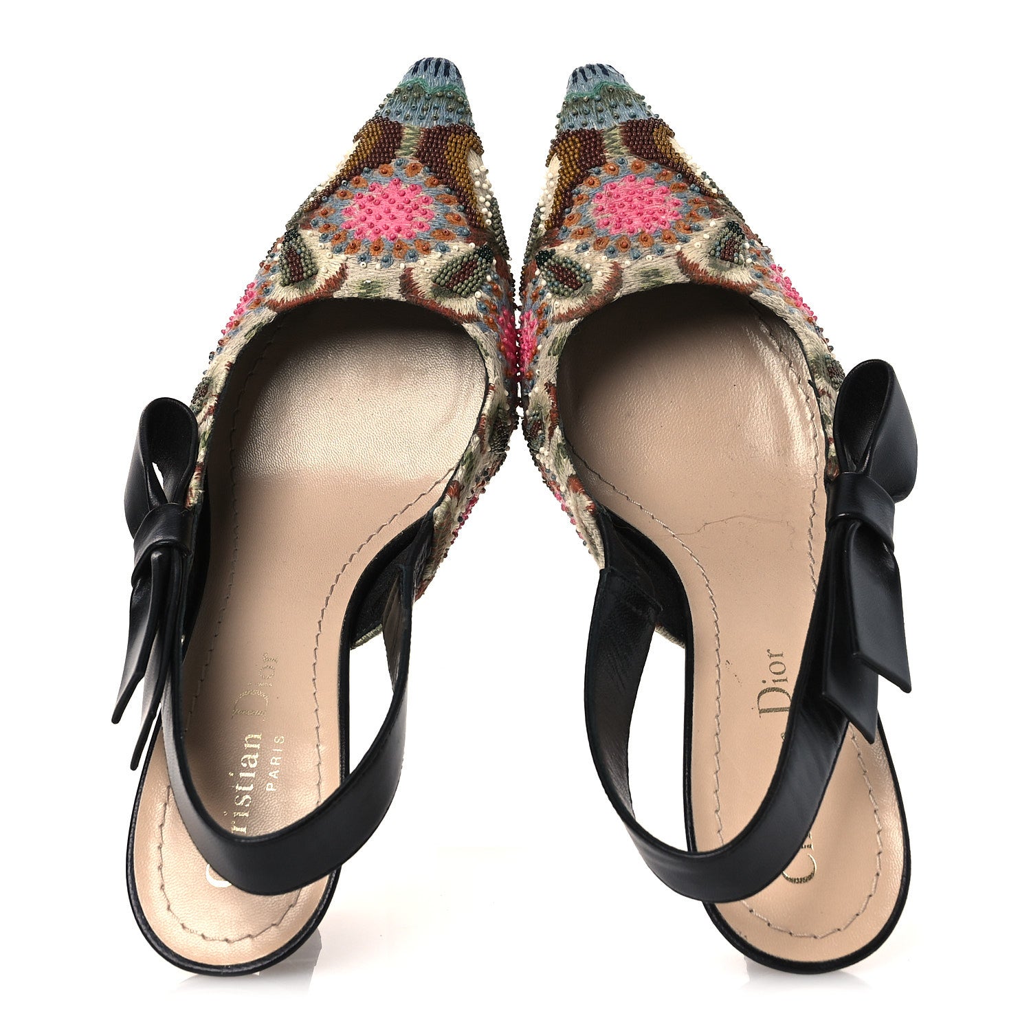 Christian Dior Embroidered Calfskin Beaded Sweet D Sling-Back