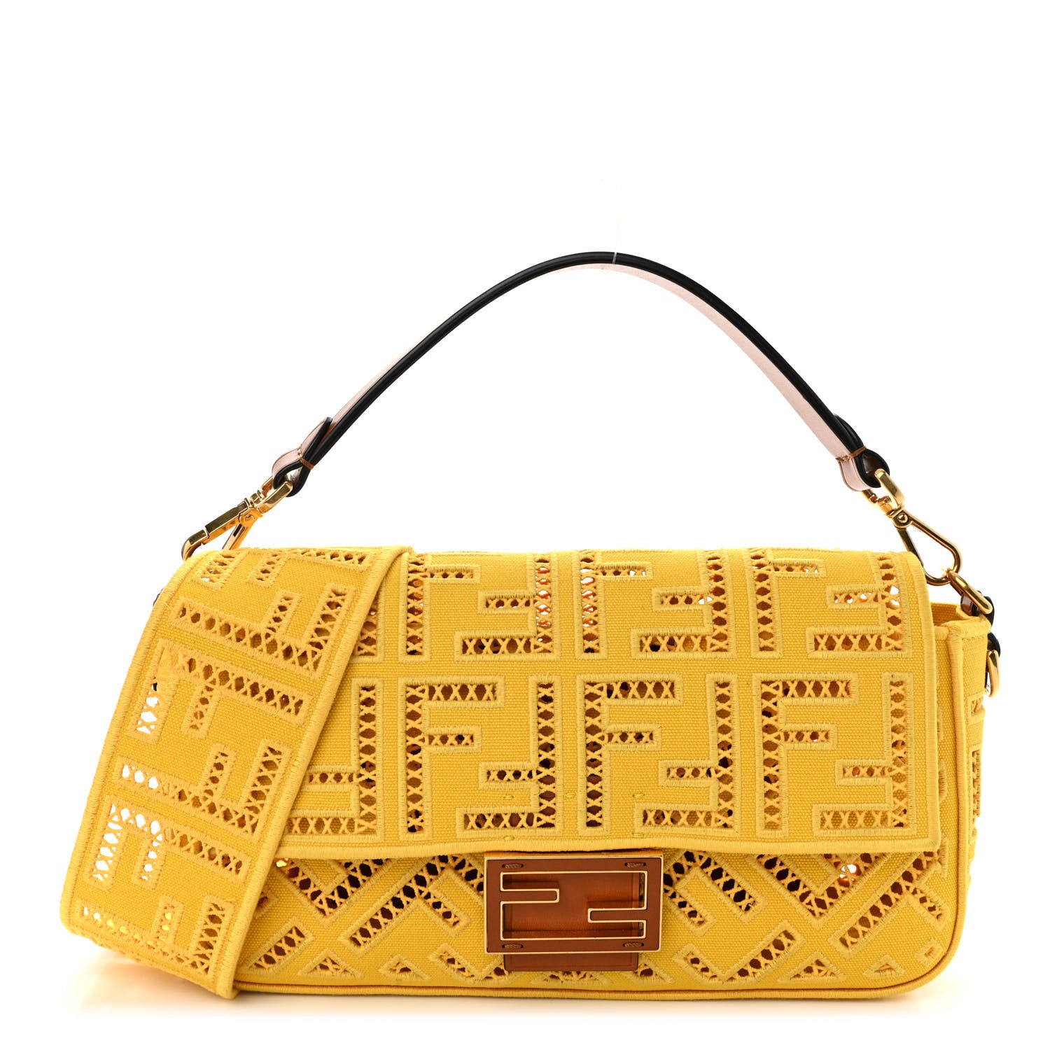 Fendi Canvas Cuoio Agata FF Ajour Embroidered Baguette Mimosa Cuoio 1 of 9
