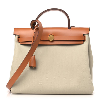 Hermes Military Toile Vache Hunter Herbag Zip Retourne 31 PM Beton Naturel 1 of 12