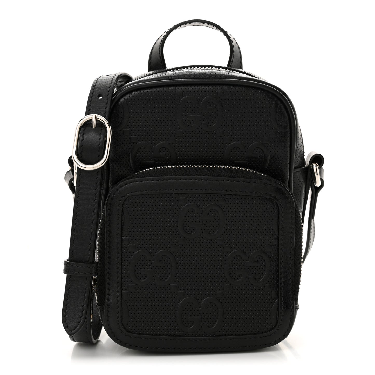 Calfskin GG Tennis Embossed Mini Double Zip Messenger Bag Black