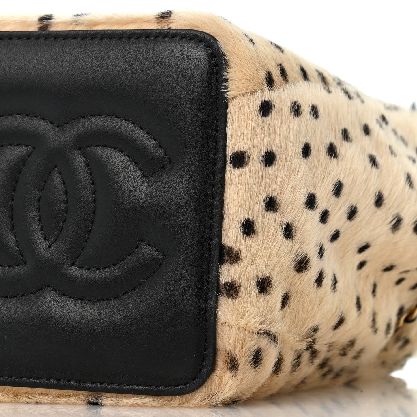 Pony Hair Cheetah Printed CC Chain Bucket Bag Light Beige Black