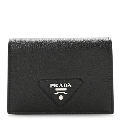 Prada Vitello Daino Triangle Bi-Fold Card Holder Wallet Black 1 of 7