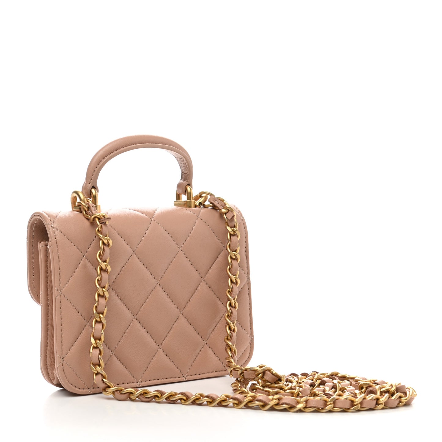 Lambskin Quilted Top Handle Flap Coin Purse With Chain Beige