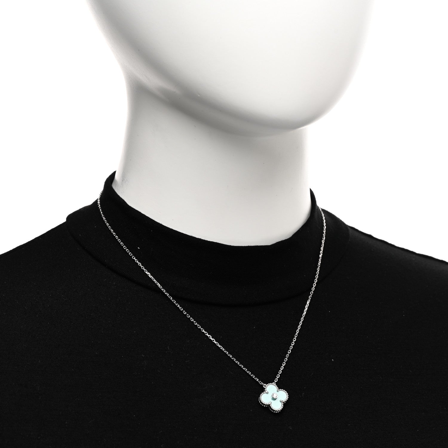 Van Cleef & Arpels 18K White Gold Diamond Celadon Green Sevres Porcelain Vintage Alhambra Pendant Necklace 2 of 5