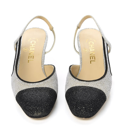 Chanel Glitter Grosgrain Cap Toe CC Slingback Pumps 36 Silver Black 2 of 9