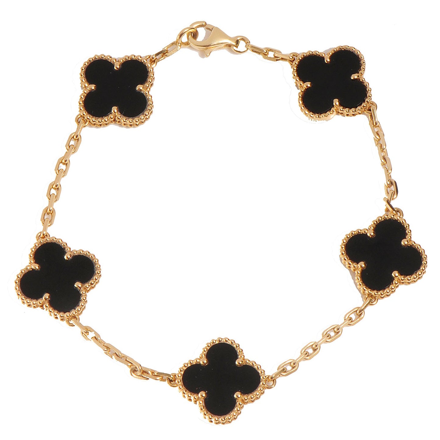 18K Yellow Gold Black Onyx 5 Motifs Vintage Alhambra Bracelet