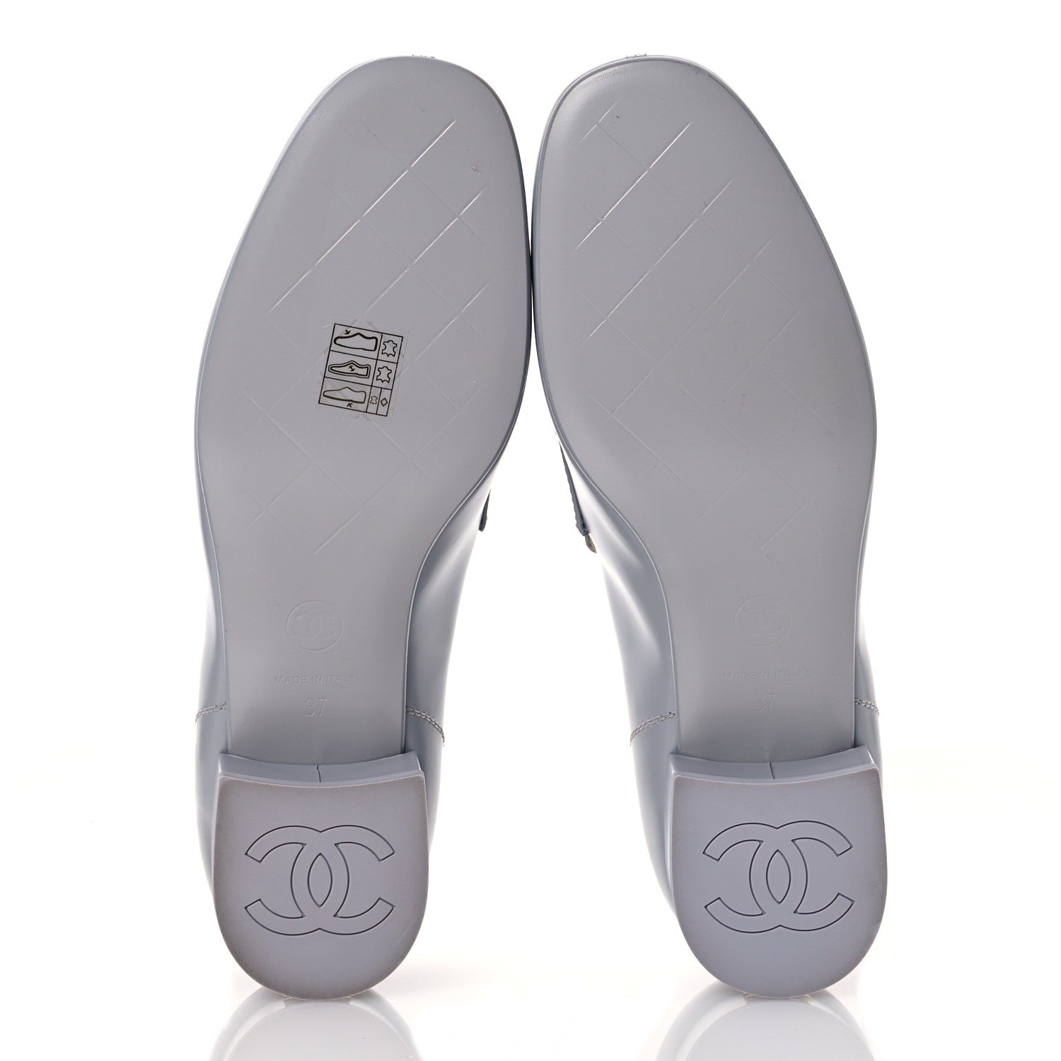 Chanel Shiny Calfskin Logo Loafers 37 Light Grey 1615529