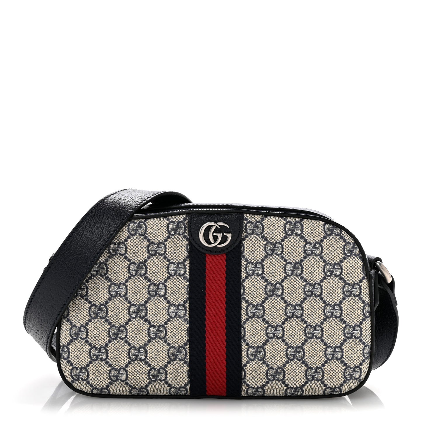GG Supreme Monogram Textured Dollar Calfskin Web Small Ophidia Camera Bag Beige Blue