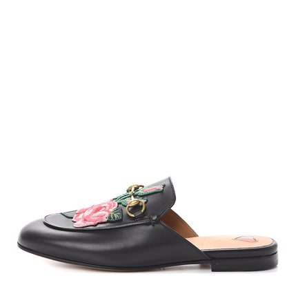 Gucci Calfskin Flower Embroidered Womens Princetown Slippers 37.5 Black 1 of 7