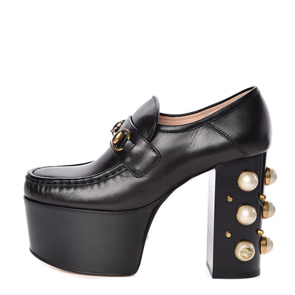 Gucci Malaga Kid Pearl Studded Vegas Platform Loafers 37 Black 1 of 10