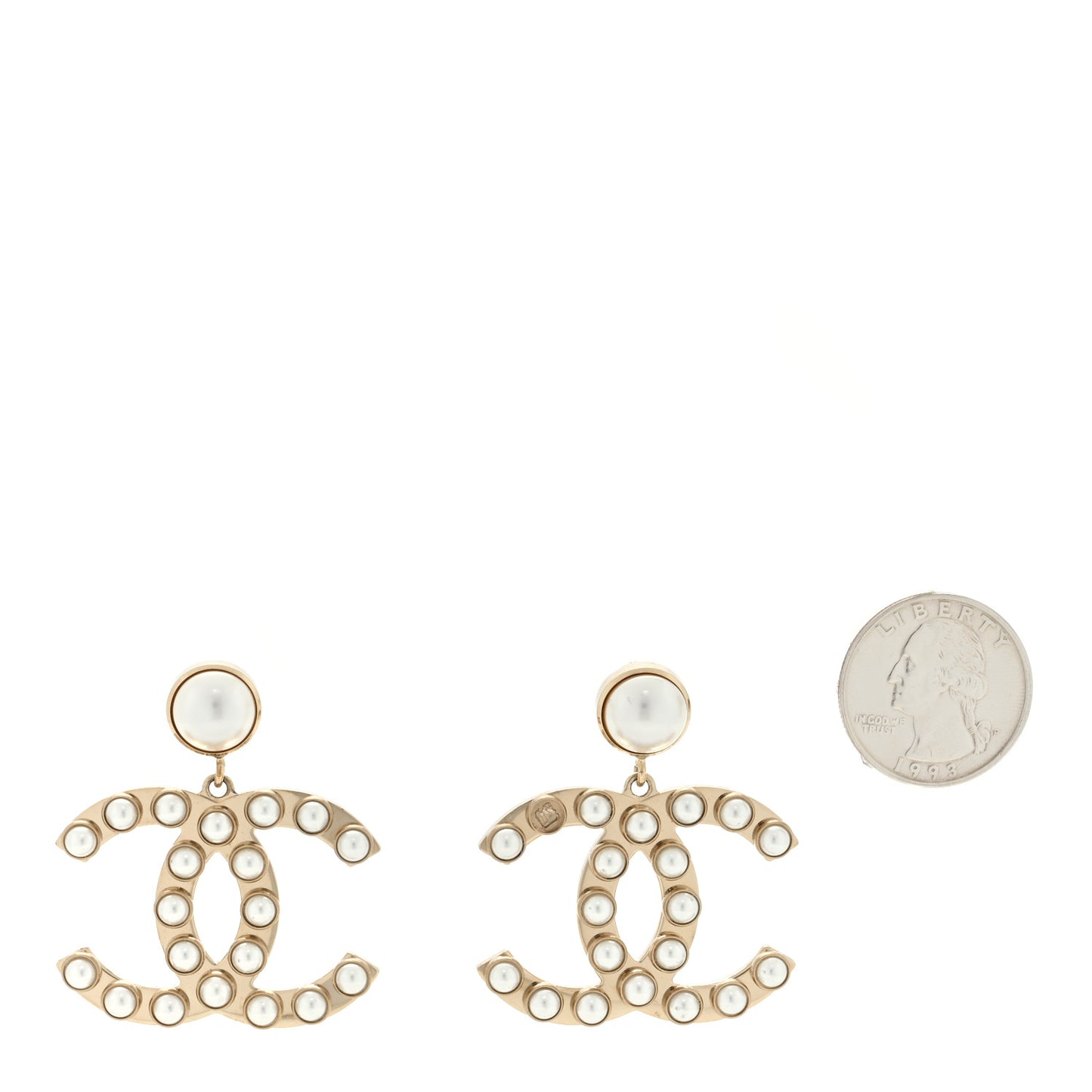 Metal Pearl CC Dangle Earrings Gold